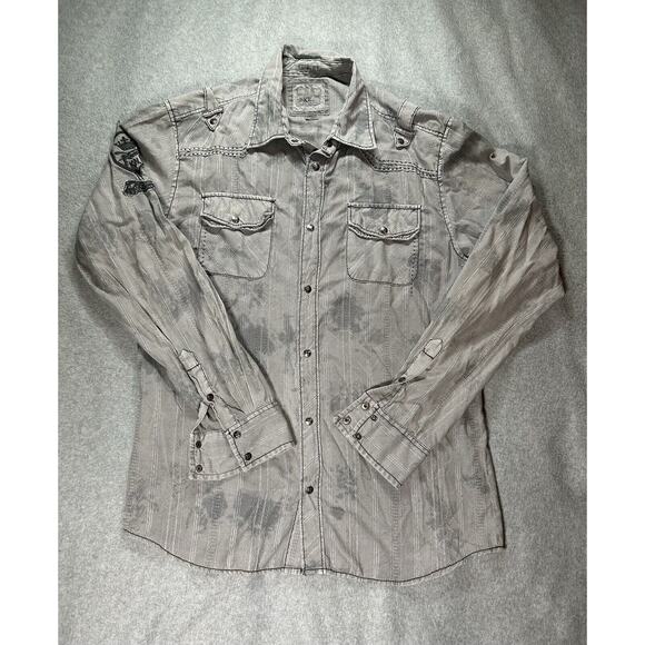 BKE Buckle Shirt Men Large Grey Dapple Metal Snap Epaulettes Pockets Long Sleeve - Picture 1 of 14